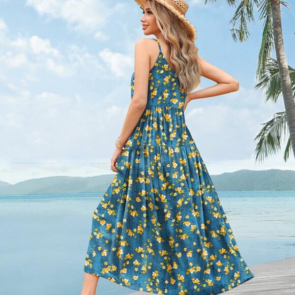 Summer Bohemian Floral Dresses for Women Spaghetti Straps Maxi Dress Casual Flow - Picture 3 of 5